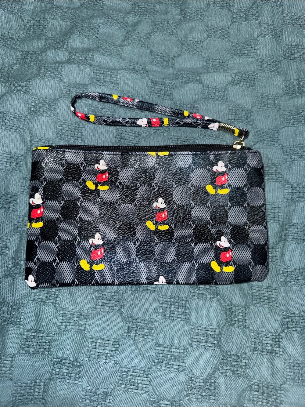Black Checker Wristlet Clutch with Playful Mickey Print